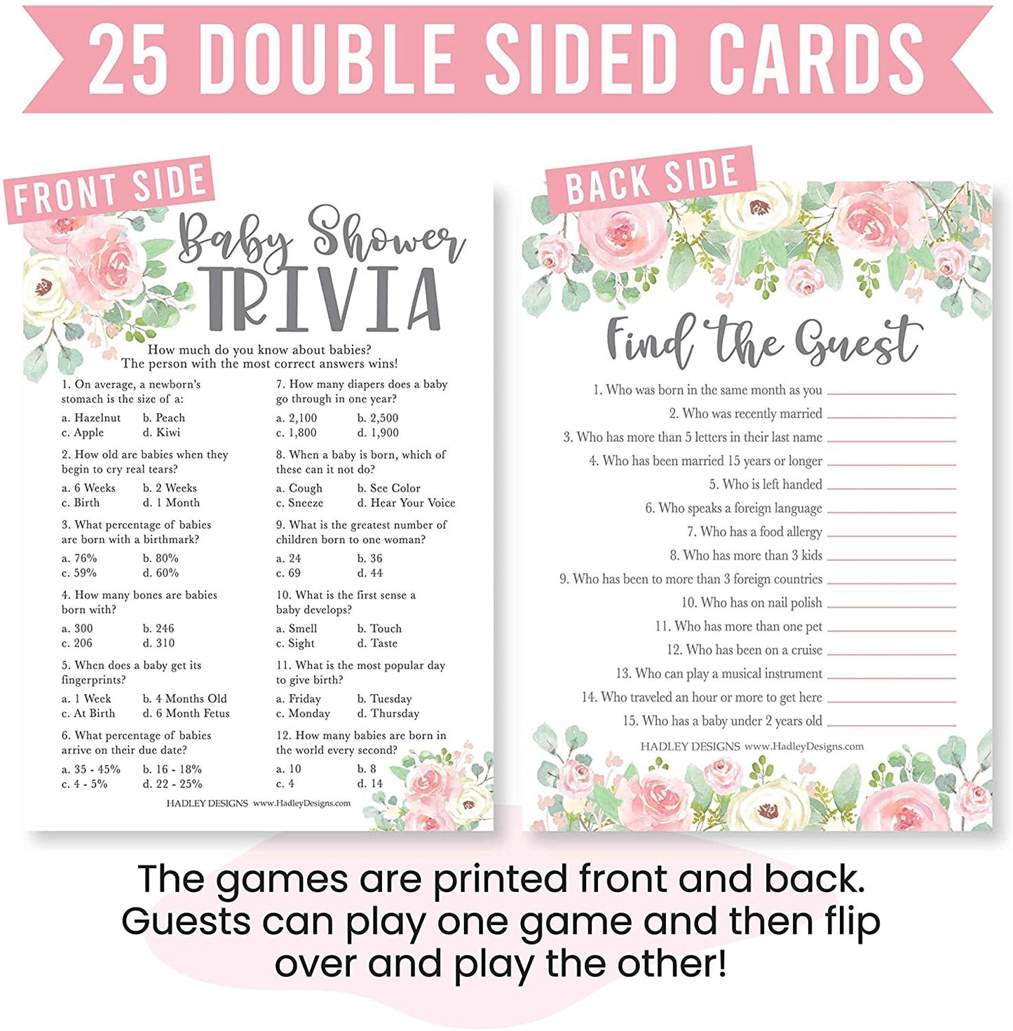 Floral Baby Shower Games For Girls - 2 Games Double Sided, 25 Baby Trivia Baby Shower Game, 25 Find The Guest Baby Shower Game, Fun Baby Shower Games, Baby Shower Party Supplies, Baby Shower Ideas