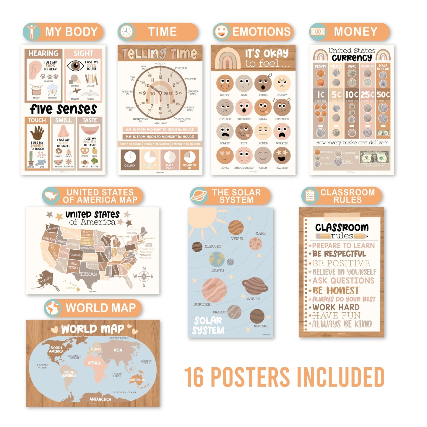 Boho Neutral Educational Posters | Set of 16 | Classroom Supplies