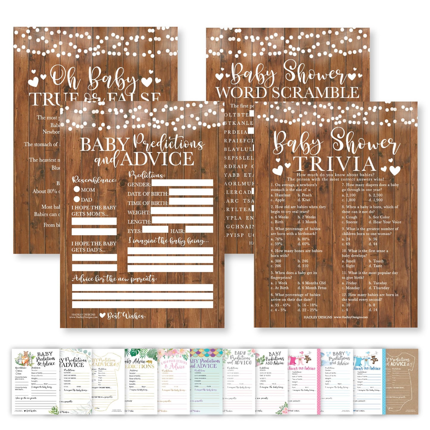 Word Scramble, True or False, Predictions, Trivia Baby Shower Games | Set of 50