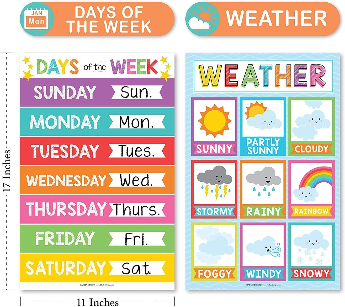 Colorful ABC, Days, Months, & Weather Prek Posters | Set of 4 | Educational Posters