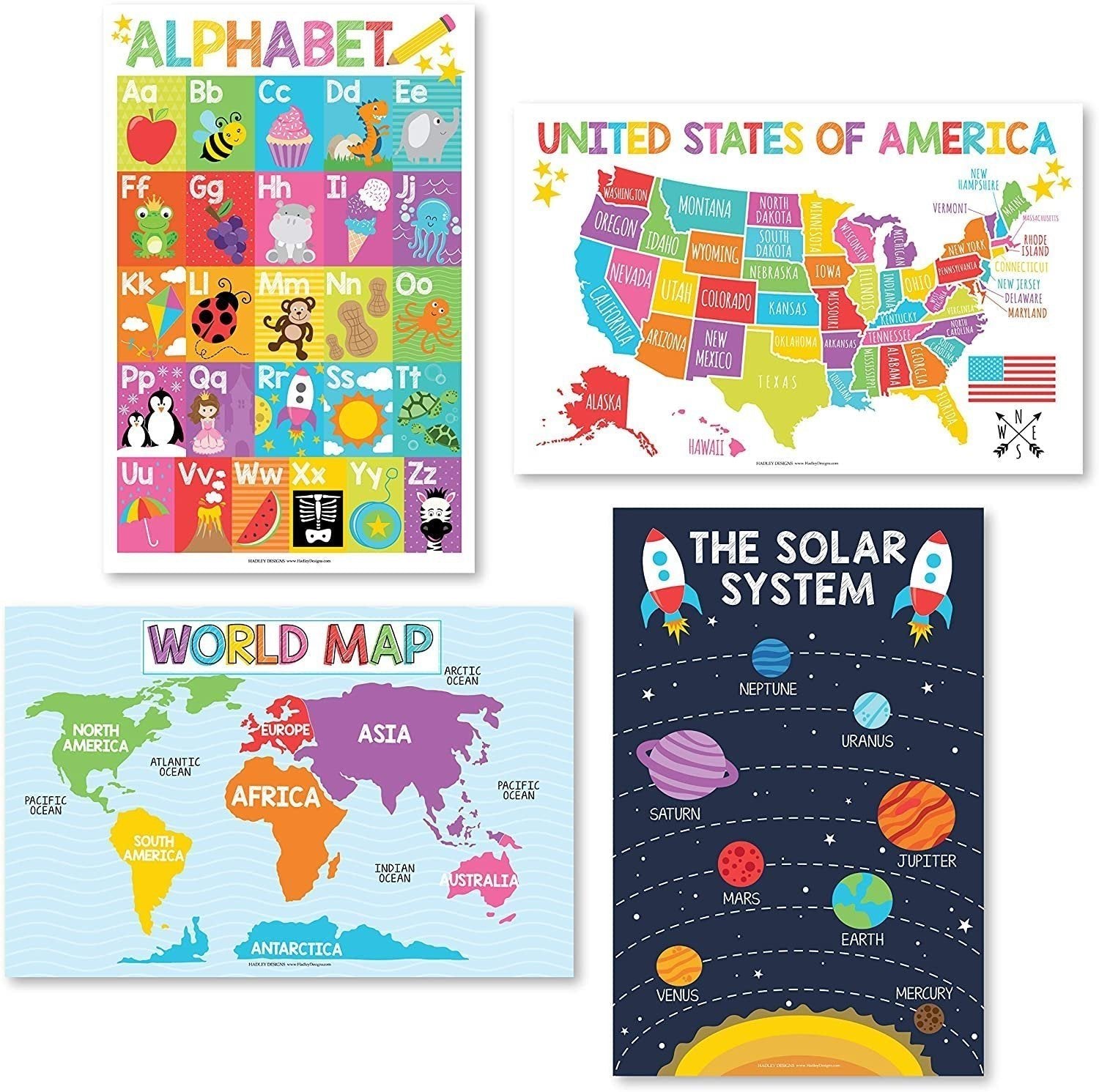 ABC, US Map, World Map, Solar System Posters | Set of 4 | PreK Educational Posters