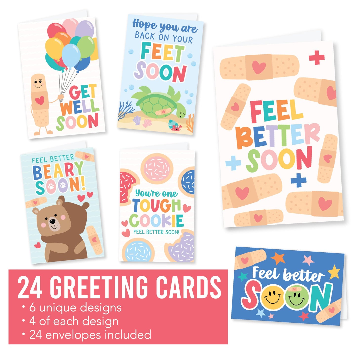 Folded Get Well Soon Cards | Set of 24 | Cards & Party | Envelopes Included