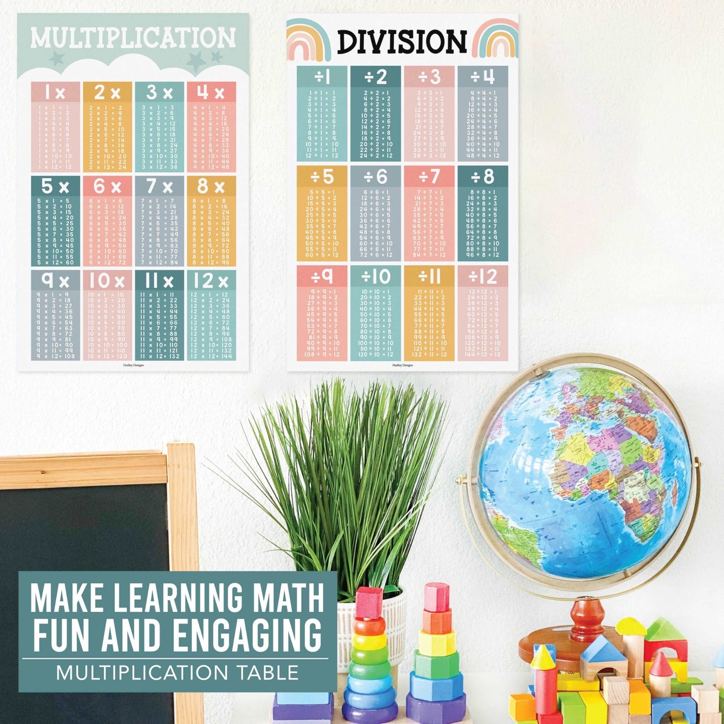 2 Boho Large Multiplication Chart Poster For Wall - Multiplication Table Chart, Multiplication Poster For Kids, Multiplication Charts For Kids, Multiplication Table Poster, Laminated Times Table Chart