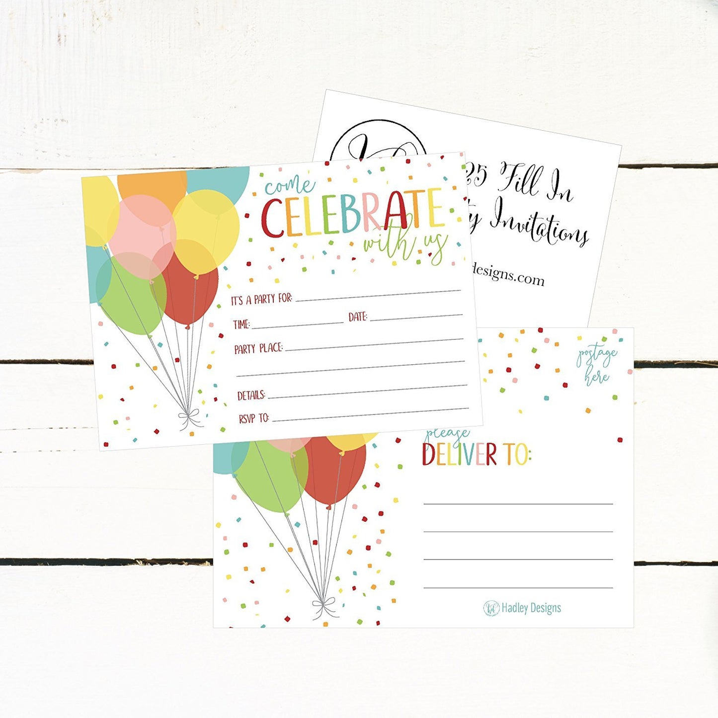 25 Rainbow Balloon Party Invitations for Kids, Teens, Adults, Boys & Girls, Blank Children Happy 1st Birthday Invitation Cards, Unique Baby First Bday Invites, Toddler 1 2 3 Year Old Invites Fill In