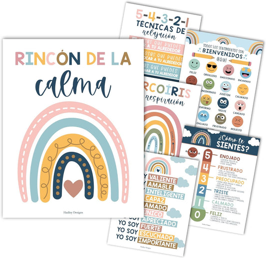 6 Boho Spanish Classroom Decorations for Teachers - Spanish Classroom Posters Elementary, Calm Down Corner Posters Spanish Classroom, Emociones Poster Spanish, Afirmaciones Positivas Español Poster