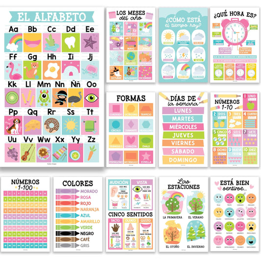 12 Colorful Spanish Classroom Decorations - Spanish Classroom Posters Elementary, Spanish Posters For Classroom, Posters In Spanish Alphabet, Abecedario Para Niños En Español, Spanish Class Posters