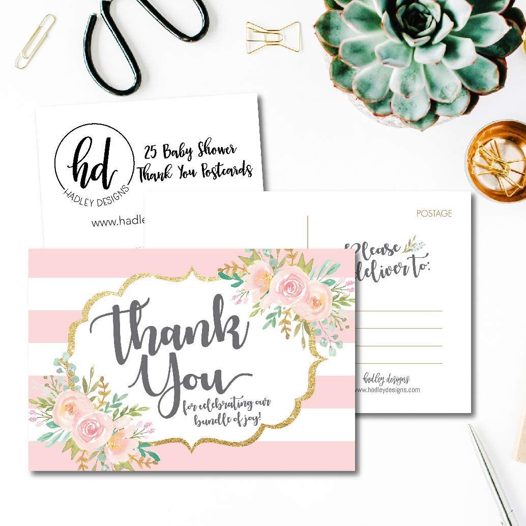 25 Girl Baby Shower Thank You Note Card Bulk Set, Floral Pink and Gold Blank Cute Sprinkle Postcards, No Envelope Needed Stationery Appreciation For Party Gifts, Personalize Printable Cardstock Paper