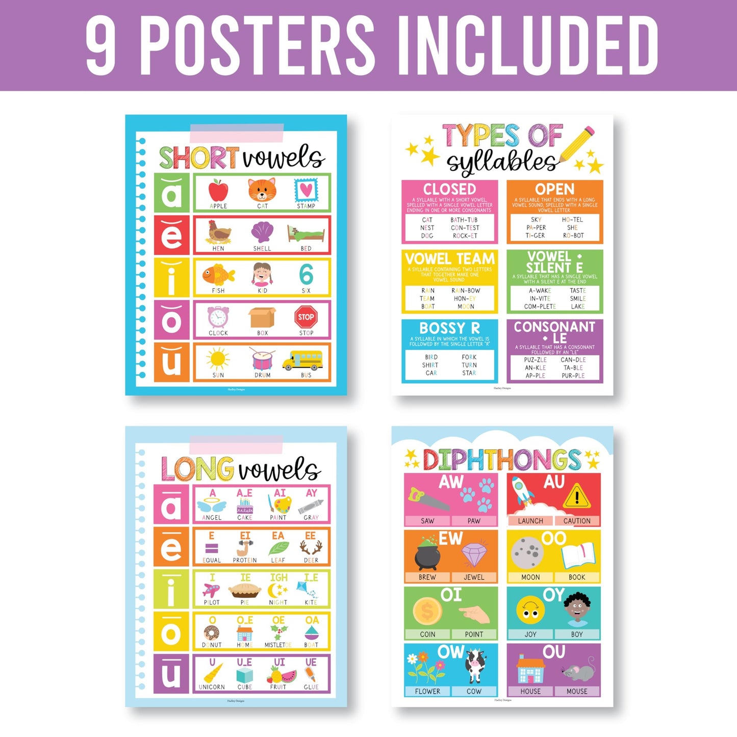 Colorful Phonics & Vowel Posters | Set of 9 | Educational Posters