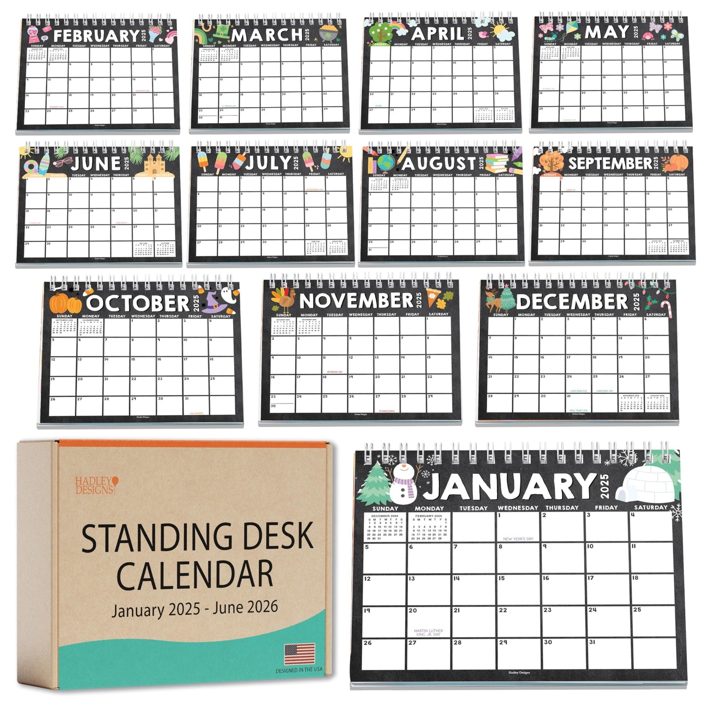 Chalk Doodle Small Desk Calendar | 2025-2026 | Standing Flip Calendar