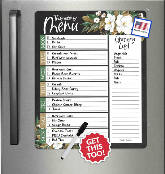 Floral Weekly Dinner Menu Board For Kitchen - Magnetic Meal Planner For Refrigerator White Board Dry Erase, Weekly Menu Board For Fridge Whiteboard, Weekly Meal Planner Magnetic Fridge Whiteboard