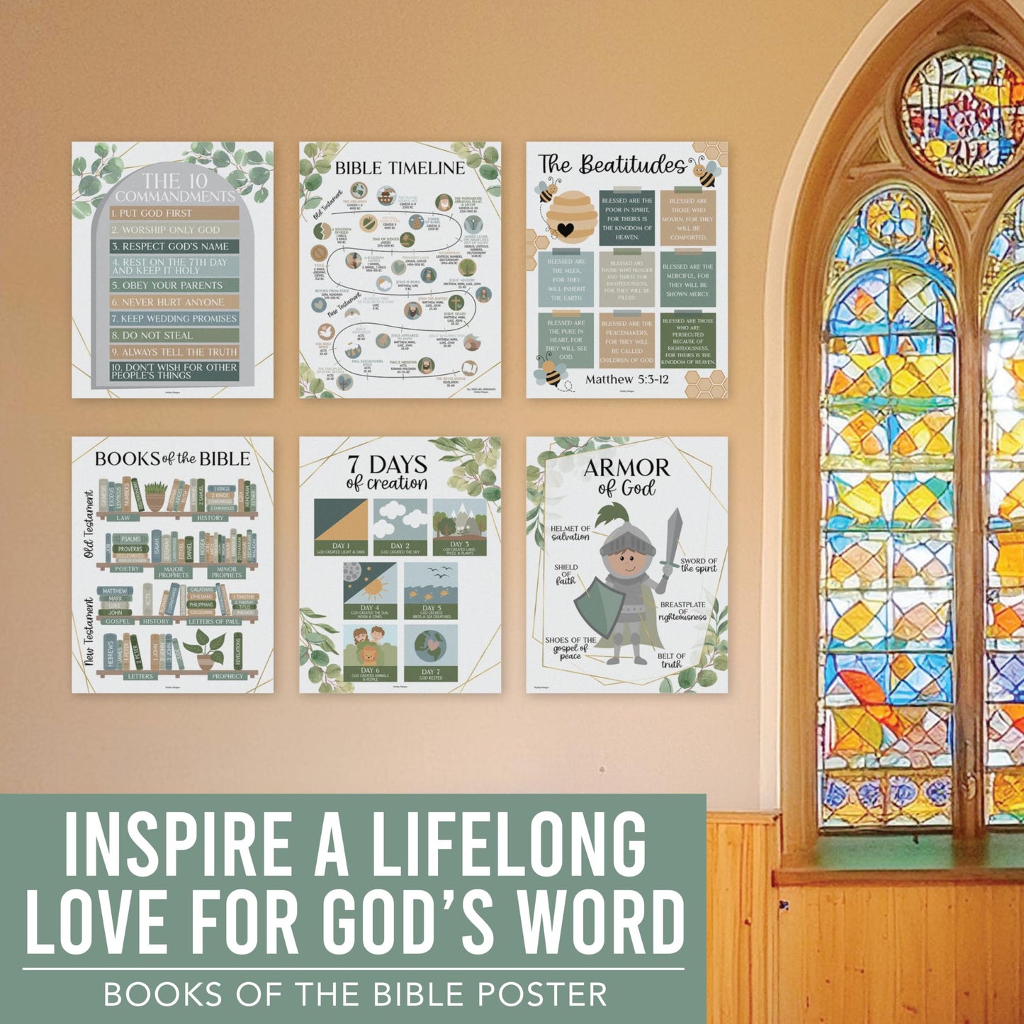 9 Greenery Sunday School Decorations For Classroom - Sunday School Posters, Christian Posters, Christian Classroom Decor, Books Of The Bible Poster, 10 Commandments For Kids, Bible Timeline Chart