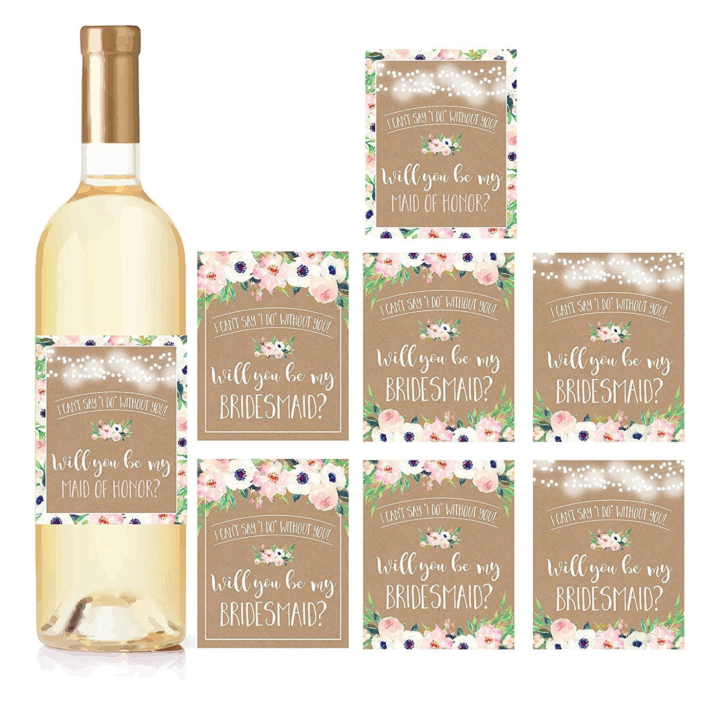 Kraft Floral Will You Be My Bridesmaid Stickers or Wine Bottle Labels, Bridal Party Favors, Maid of Honor Proposal Ideas, Ask Your Bridesmaids To Be in Wedding Gifts, I Can't Say I Do Without You