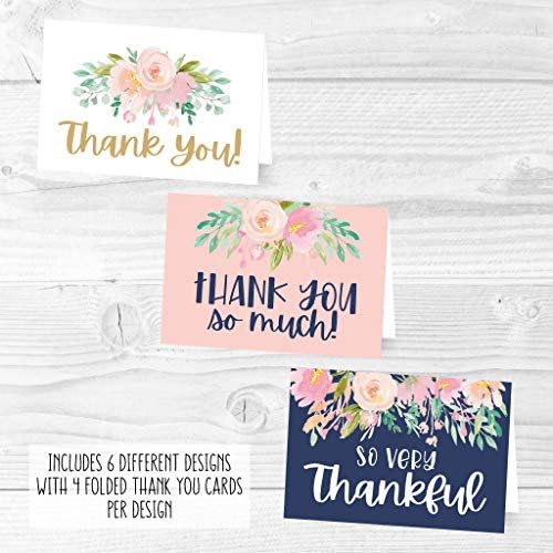 Navy Blush Floral Folded Thank You Cards | Set of 24 | General