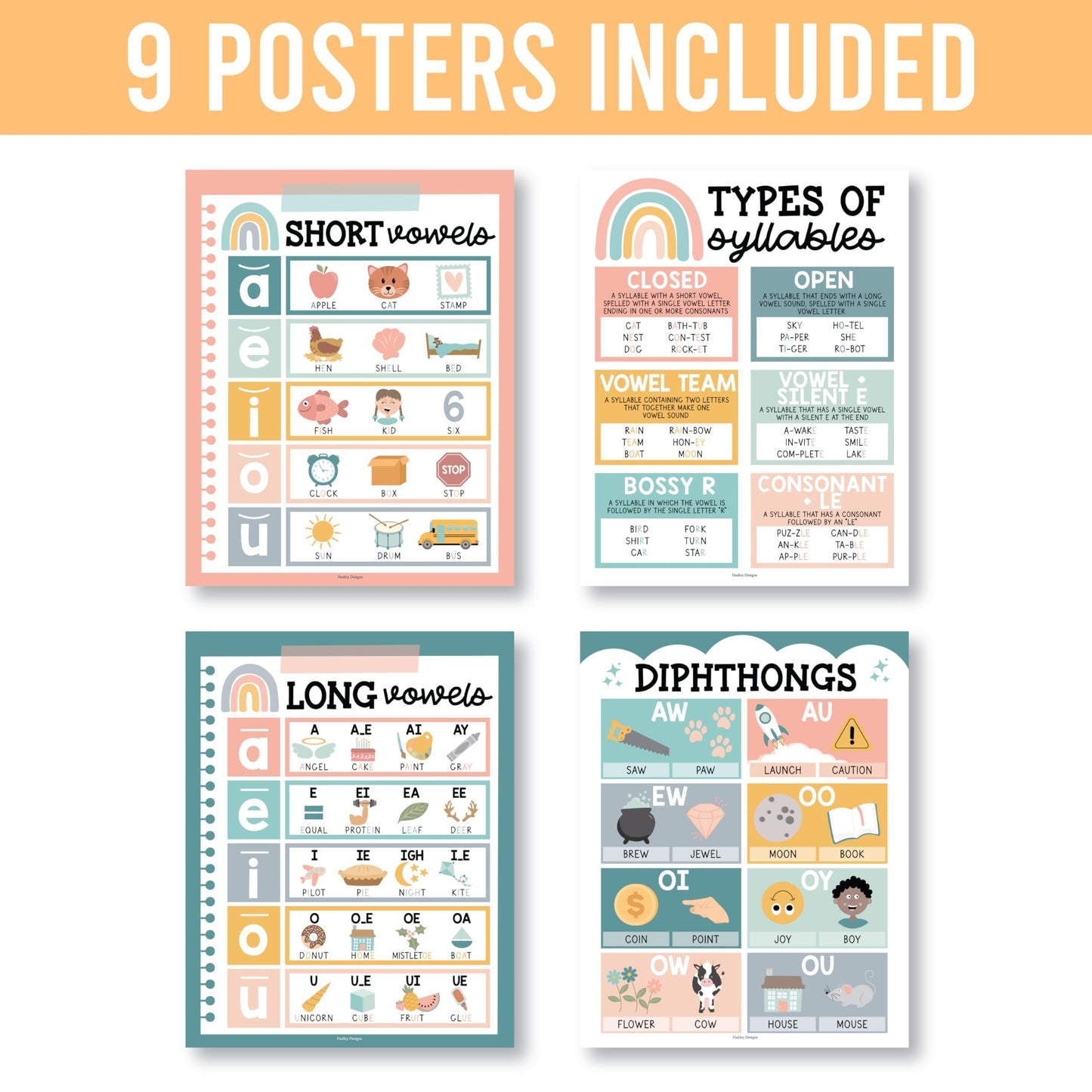 Boho Phonics & Vowel Posters | Set of 9 | Educational Posters