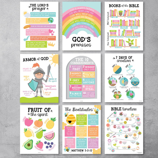 9 Colorful Sunday School Decorations For Classroom - Sunday School Posters, Christian Posters, Christian Classroom Decor, Books Of The Bible Poster, 10 Commandments For Kids, Bible Timeline Chart