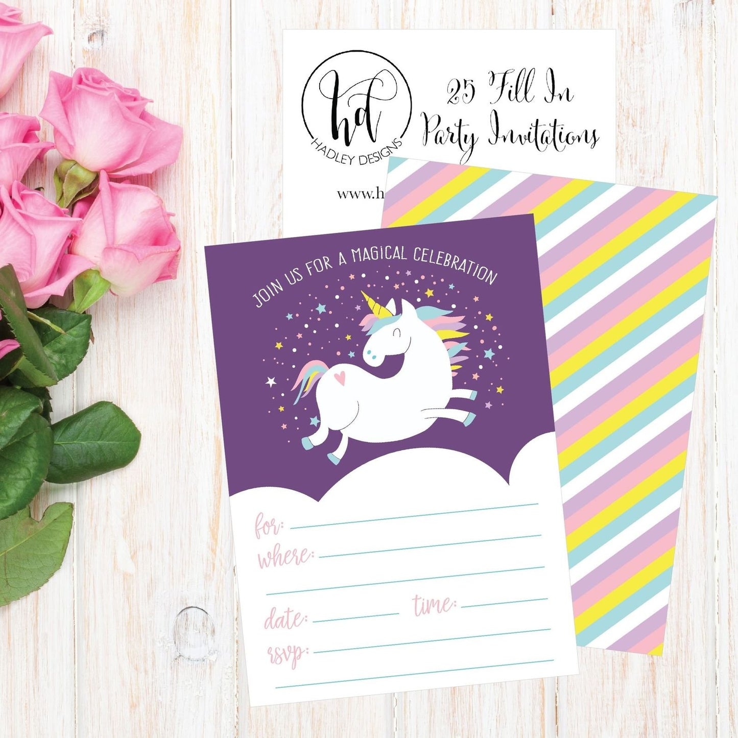 25 Unicorn Rainbow Party Invitations for Kids, Teens, Adults, Boys & Girls, Blank Children Happy 1st Birthday Invitation Cards, Unique Baby First Bday Invites, Toddler 1 2 3 year old rsvp Invites