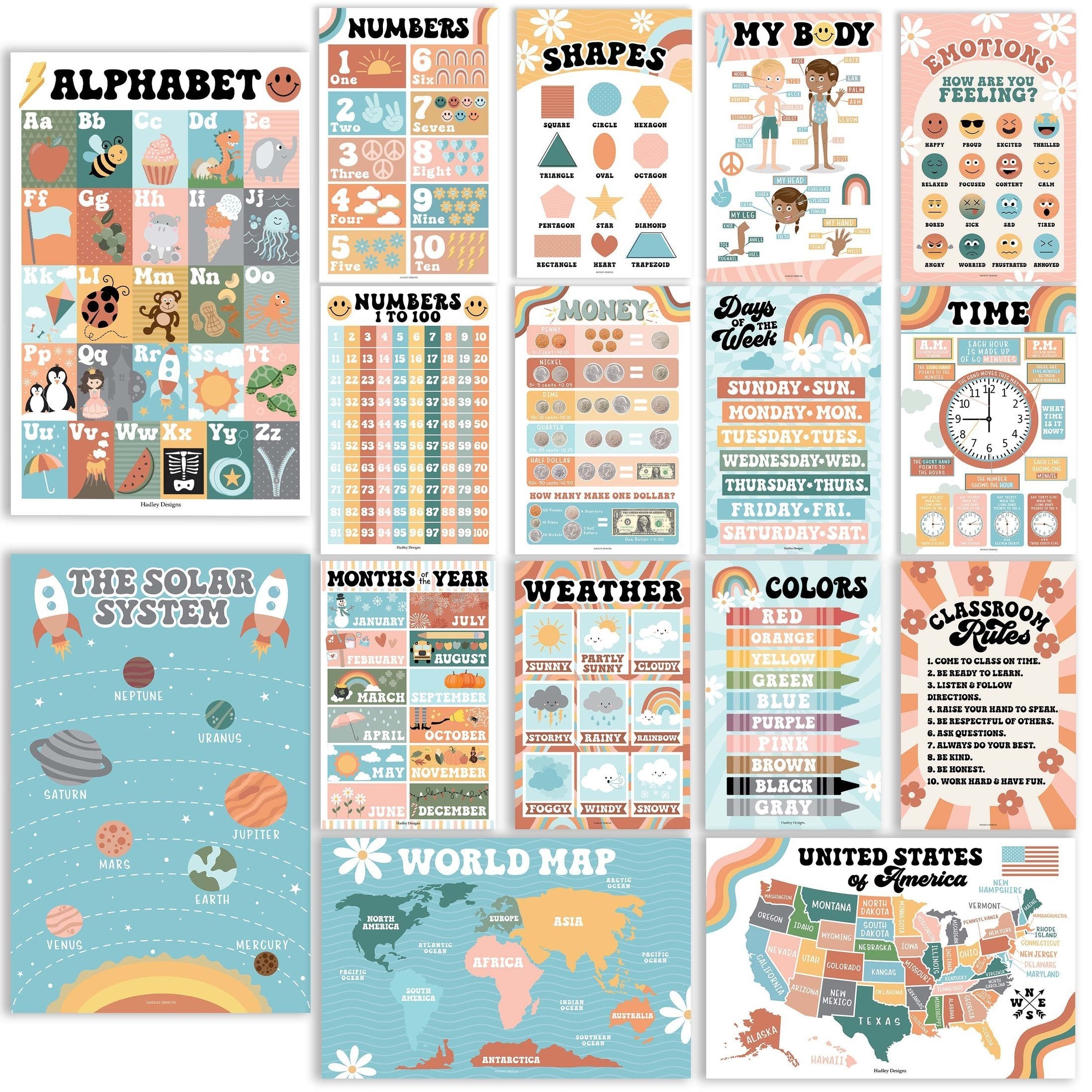 PreK Educational Posters | Set of 16 | Classroom Supplies