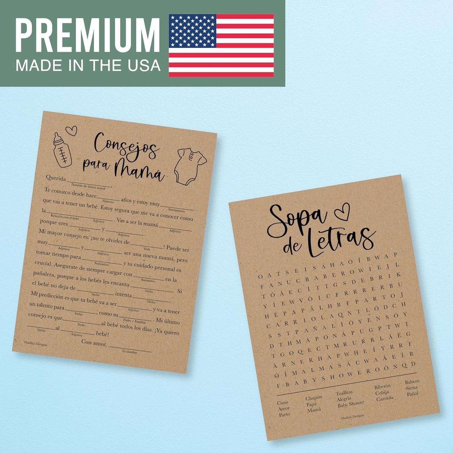 Word Search & Mad Libs | Set of 20 | Spanish Baby Shower Games