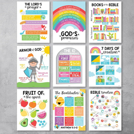 Colorful Rainbow Bible Posters| Set of 9 | Sunday School Classroom