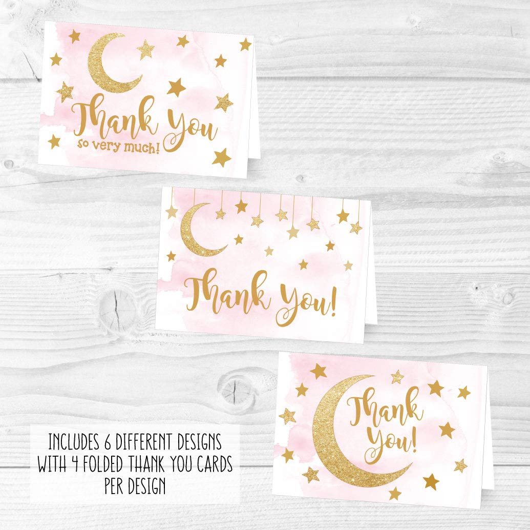 Pink Moon & Stars Folded Thank You Cards | Set of 24 | Baby Shower