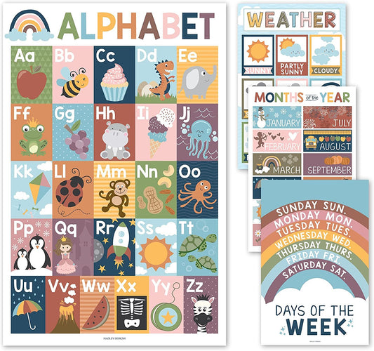 4 Boho Kids Educational Posters For Toddlers - Alphabet Poster For Toddlers, Days Of The Week For Kids, Months Of The Year For Classroom Decorations For Teachers, Kindergarten Homeschool Supplies