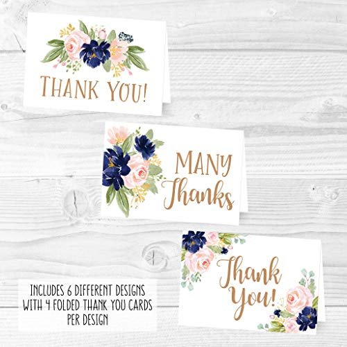 Navy Floral Folded Thank You Cards | Set of 24 | General