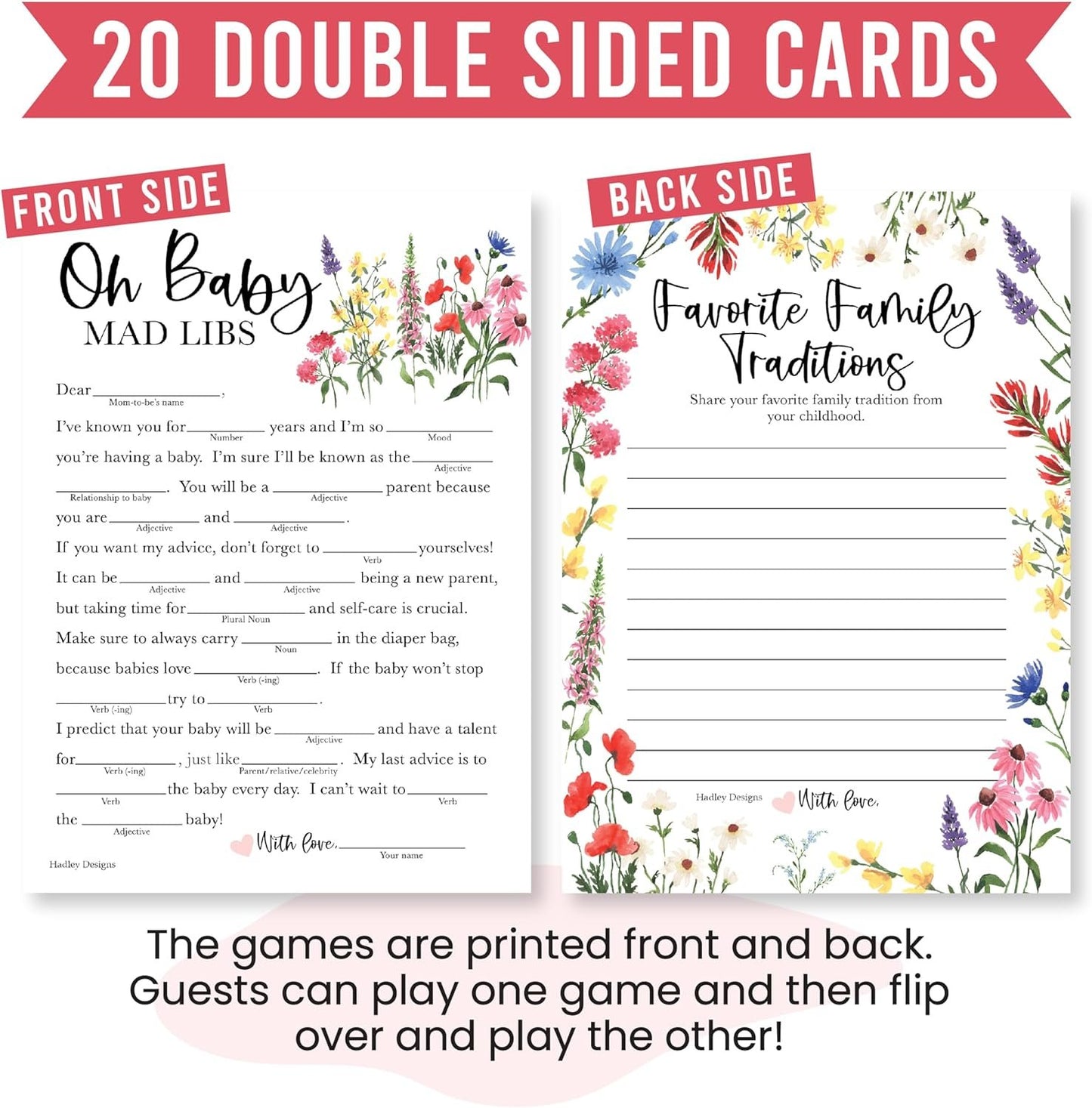 20 Floral Baby Shower Games For Girl - Hilarious Baby Shower Games Girl, Advice Cards Baby Shower Mad Libs Game Funny, Family Tradition Cards For Baby Shower, Baby Girl Baby Shower Games Funny