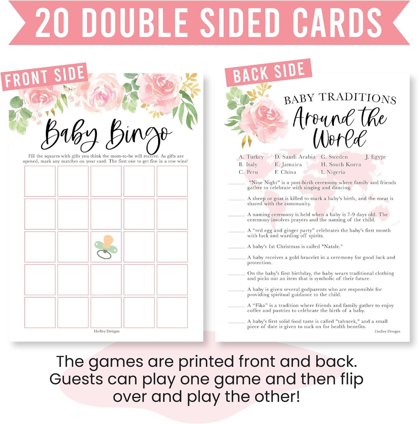 20 Floral Baby Shower Games For Girl - Hilarious Baby Shower Games Girl, Baby Games For Baby Shower Bingo Game Girl, Baby Girl Baby Shower Tradition Cards, Baby Girl Baby Shower Games Funny