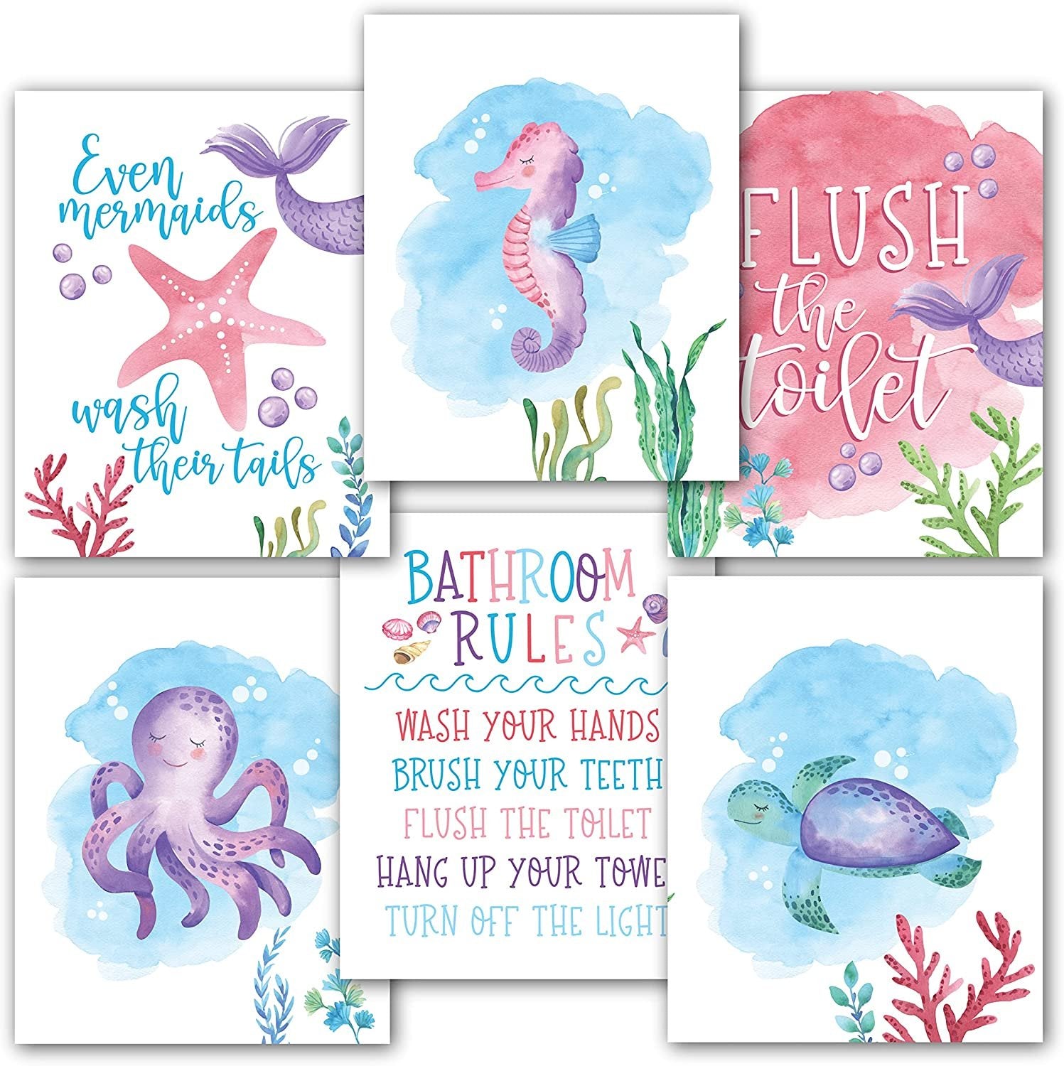 Kids Bathroom Wall Art | Set of 6 Reversible Prints | Home Decor