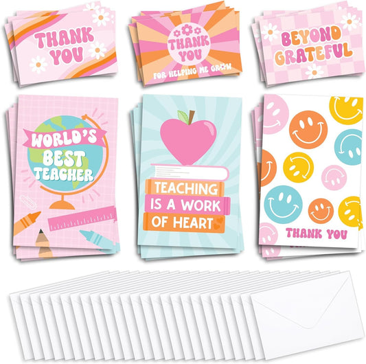 24 Retro Teacher Thank You Cards From Student - Teacher Gift Card Teacher Appreciation Cards Bulk, Thank You Teacher Cards From Student, Bulk Thank You Cards For Teachers Appreciation Cards