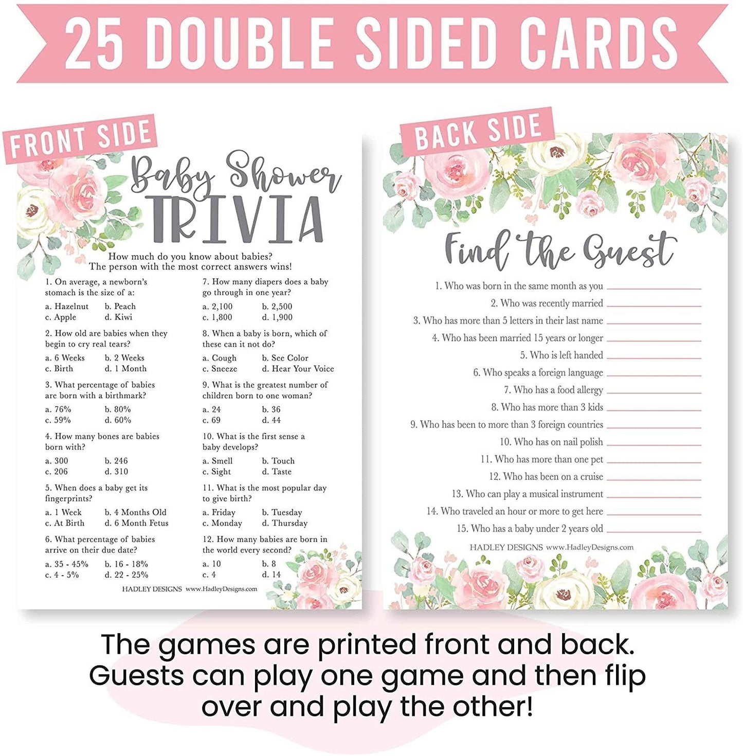 Trivia & Find the Guest Games | Set of 25 | Baby Shower Games