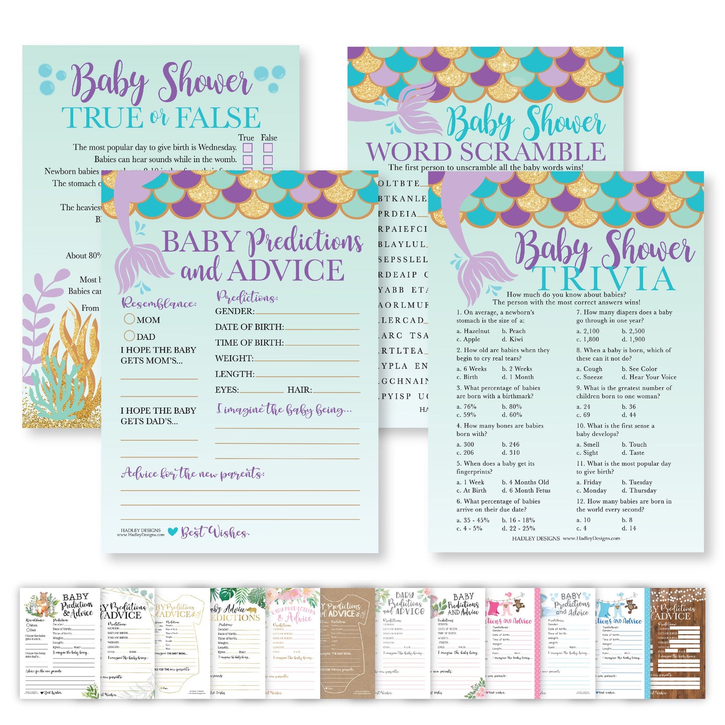Word Scramble, True or False, Predictions, Trivia Baby Shower Games | Set of 50
