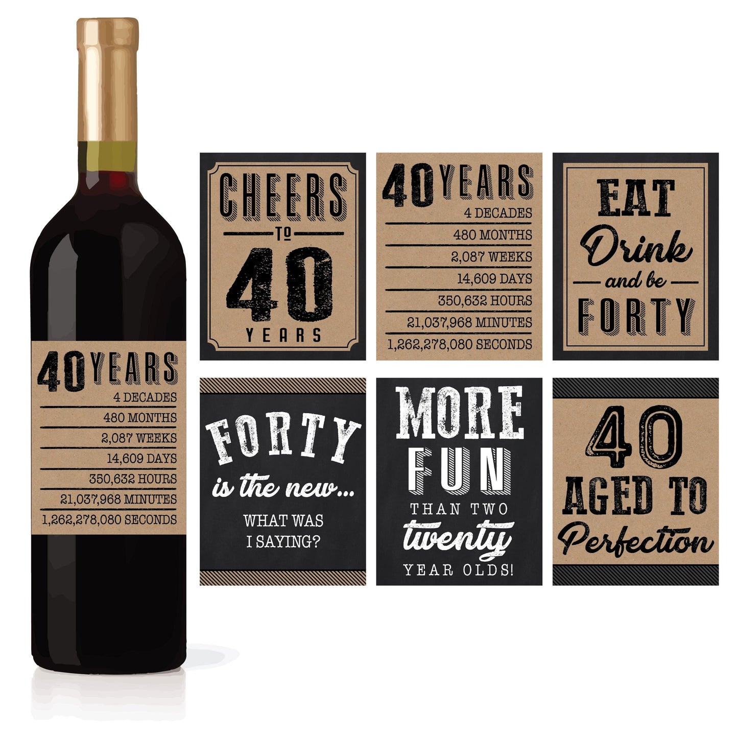Birthday Milestones Wine Labels | Set of 6 | Party Supplies