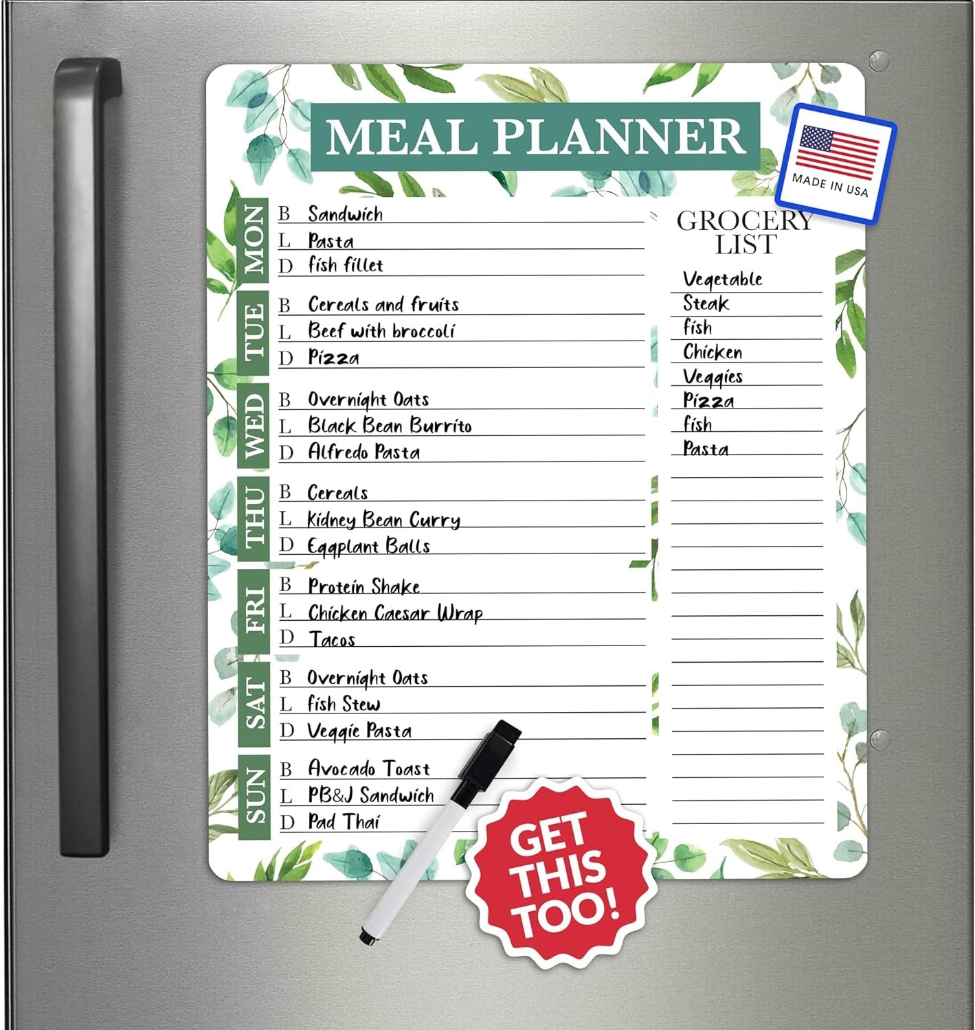 Greenery Weekly Dinner Menu Board For Kitchen - Magnetic Meal Planner For Refrigerator White Board Dry Erase, Weekly Menu Board For Fridge Whiteboard, Weekly Meal Planner Magnetic Fridge Whiteboard