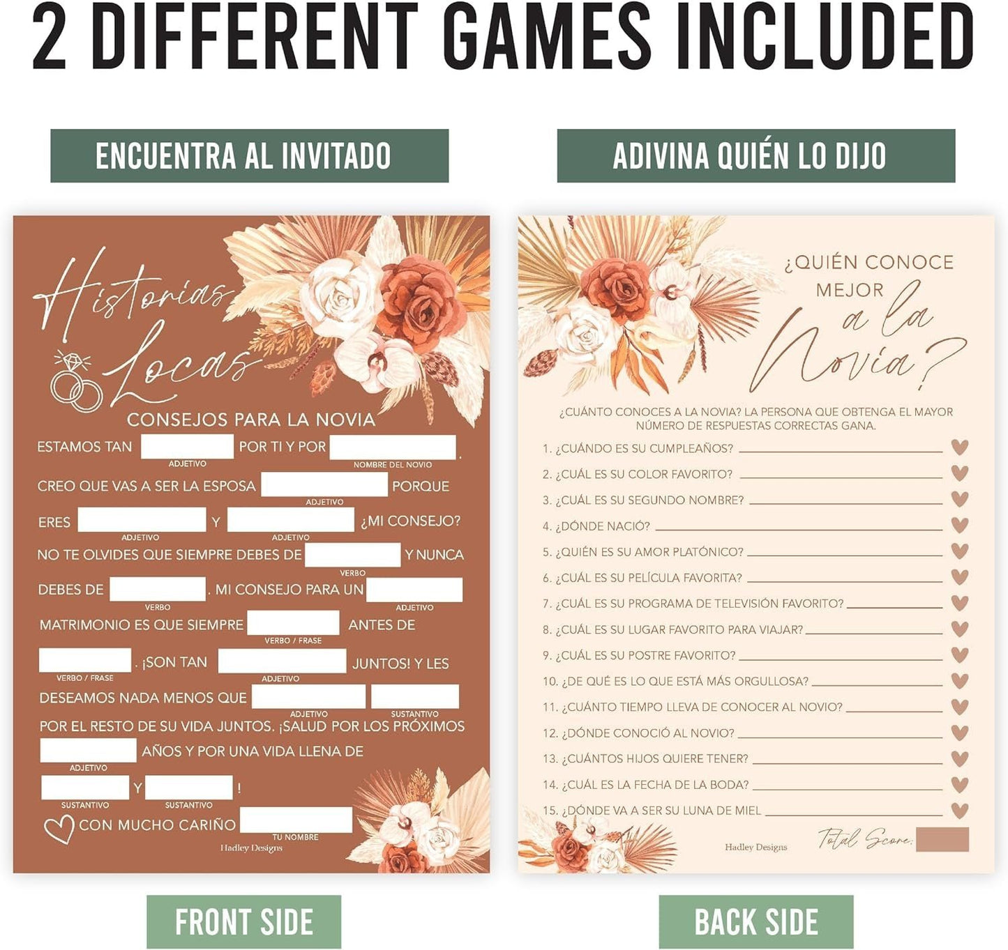 Mad Libs en español y Quién conoce mejor a la novia | Juego de 20 | Juegos para despedidas de soltera en español