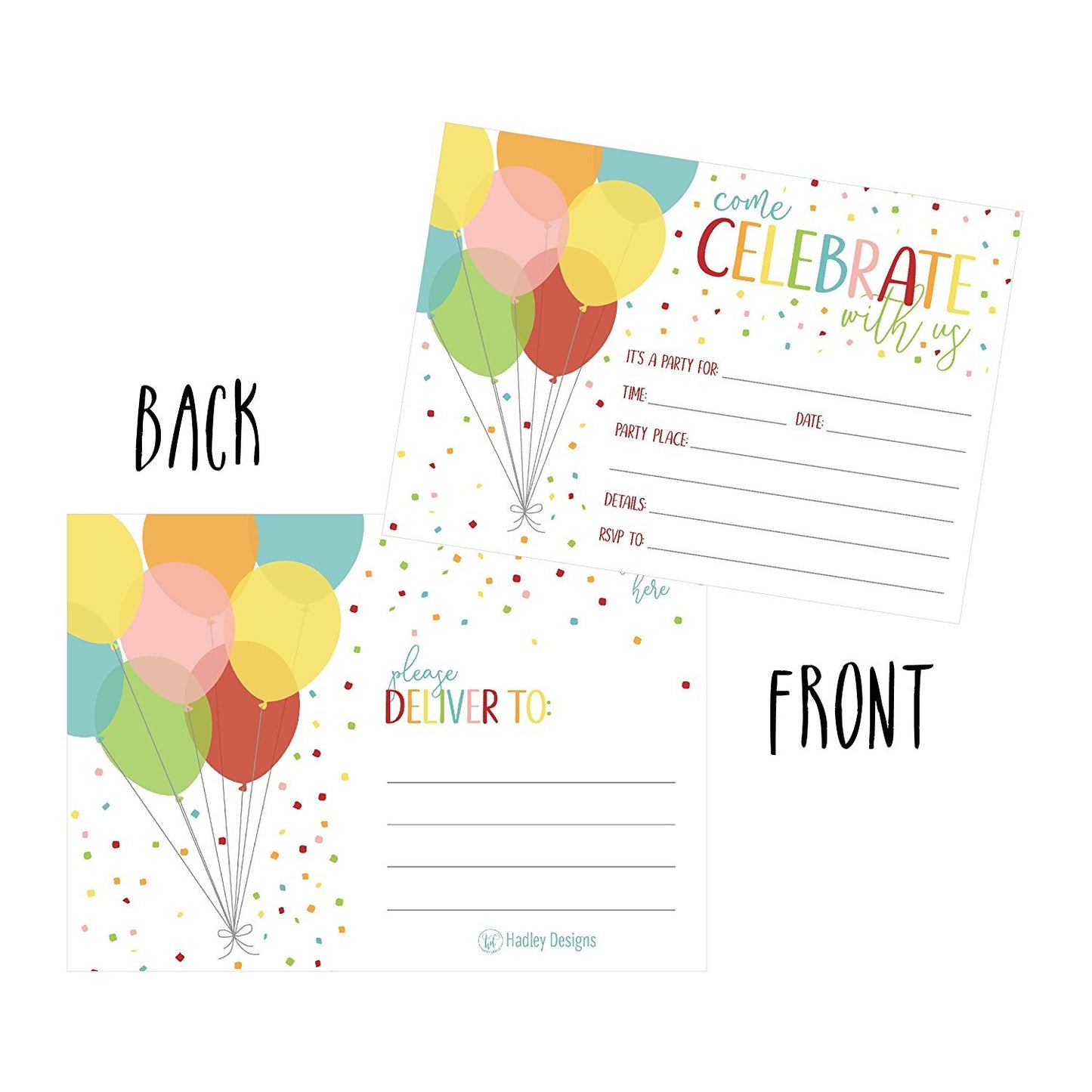 25 Rainbow Balloon Party Invitations for Kids, Teens, Adults, Boys & Girls, Blank Children Happy 1st Birthday Invitation Cards, Unique Baby First Bday Invites, Toddler 1 2 3 Year Old Invites Fill In