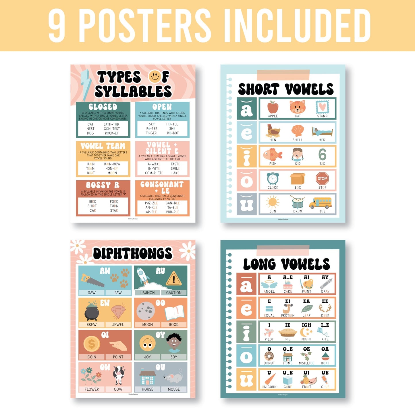 Retro Phonics & Vowel Posters | Set of 9 | Educational Posters