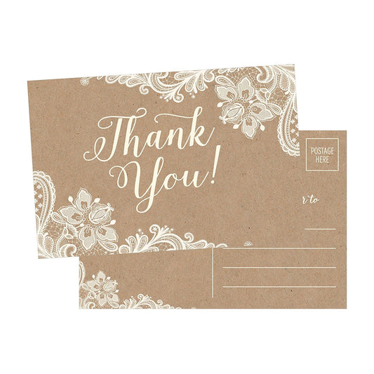 50 4x6 Kraft Thank You Postcards Bulk, Cute Rustic Matte Blank Thank You Note Card Stationery Set For Wedding, Bridesmaid, Bridal Baby Shower, Teachers, Appreciation, Religious, Business, Holidays