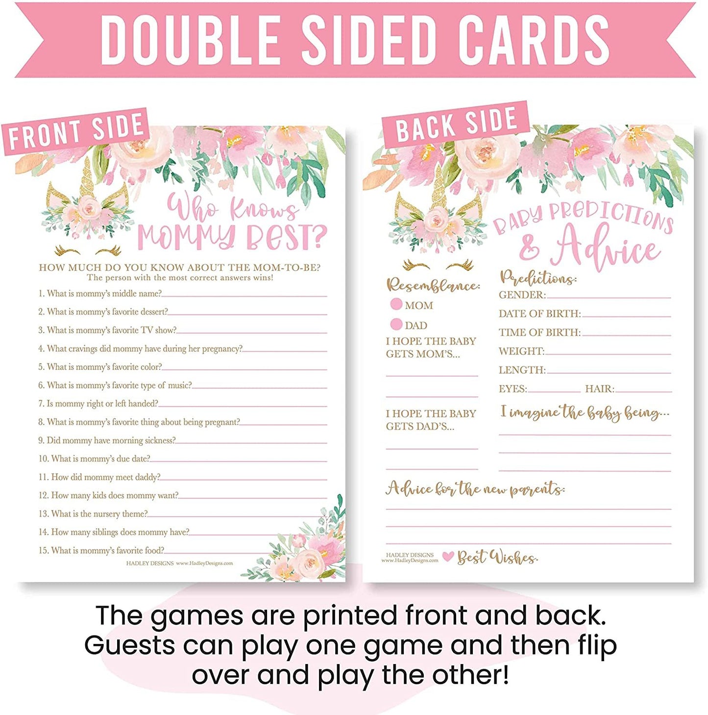 75 Unicorn Baby Shower Games For Girls - 6 Games Double Sided, Who Knows Mommy Best Baby Shower Game Funny, Love or Labor, Beer Belly, Baby Trivia, Baby Prediction And Advice Cards etc