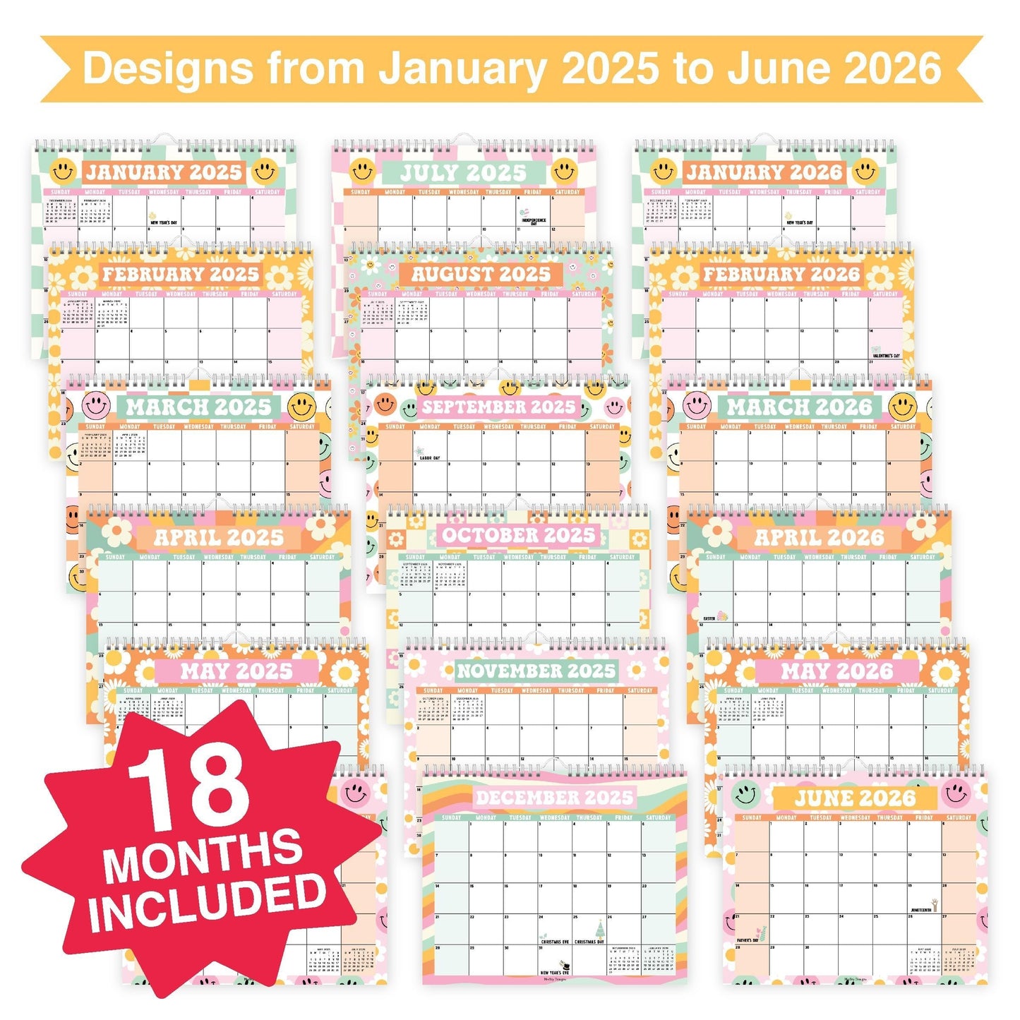 Retro Large Wall Calendar | 2025-2026 | 18 Month | Home & Office