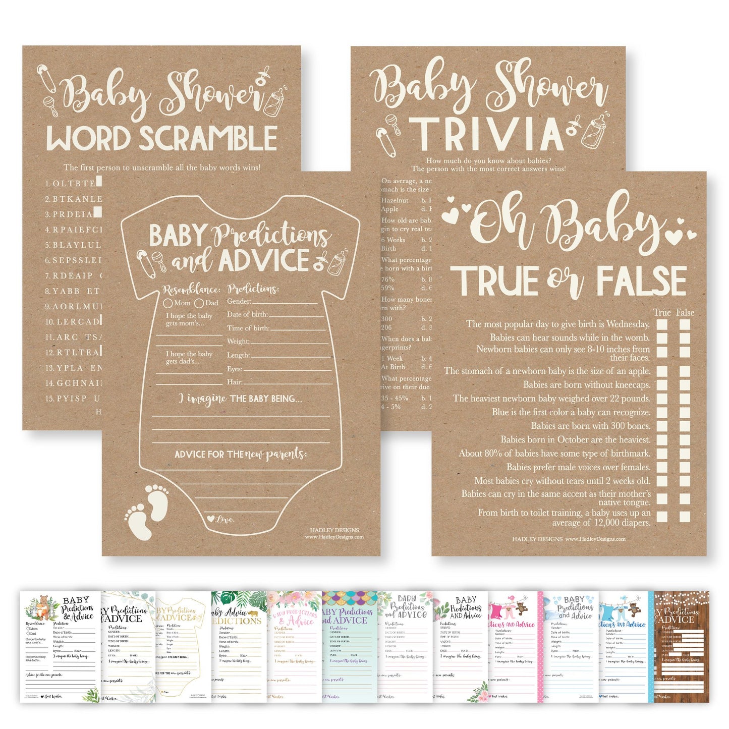 Word Scramble, True or False, Predictions, Trivia Baby Shower Games | Set of 50