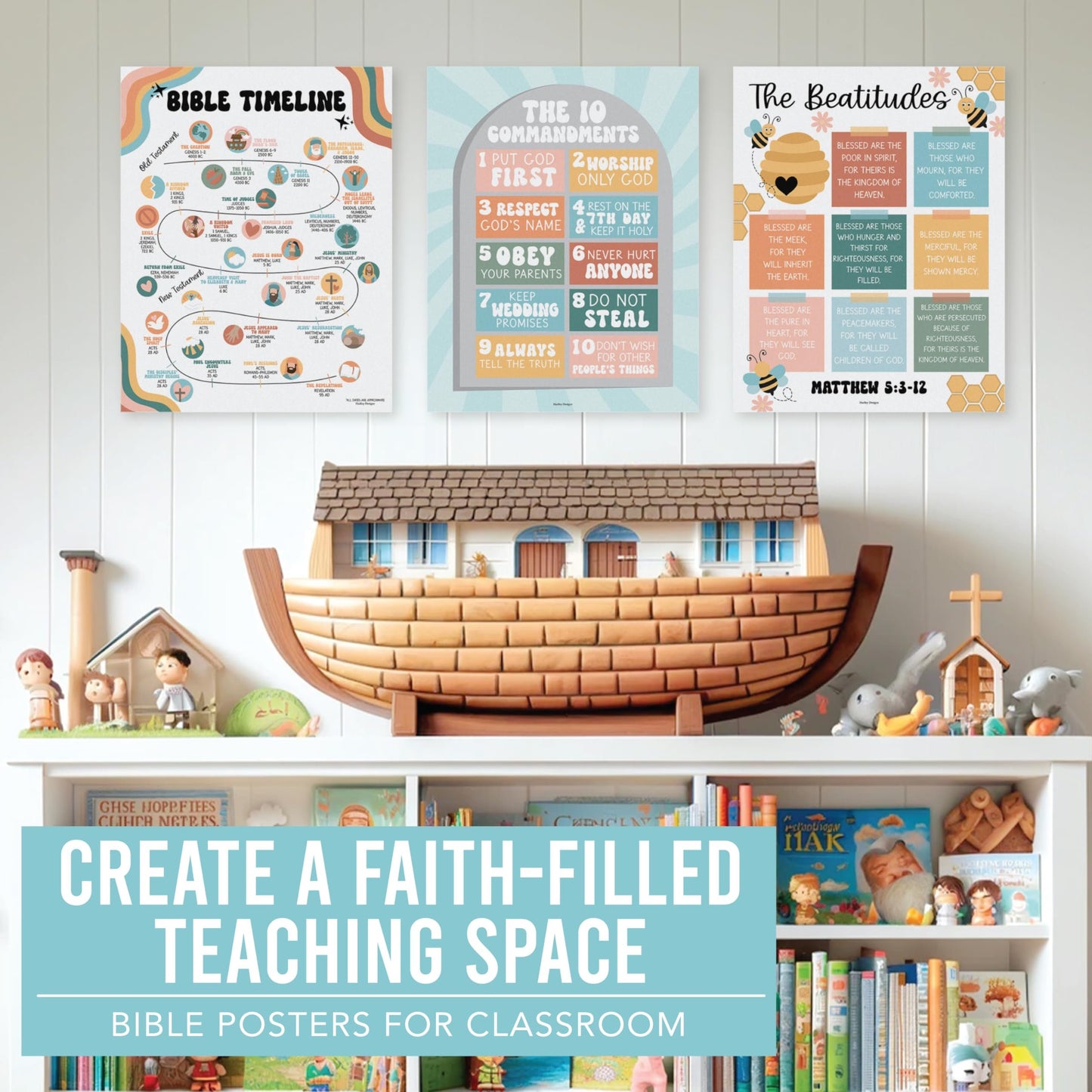 9 Retro Sunday School Decorations For Classroom - Sunday School Posters, Christian Posters, Christian Classroom Decor, Books Of The Bible Poster, 10 Commandments For Kids, Bible Timeline Chart