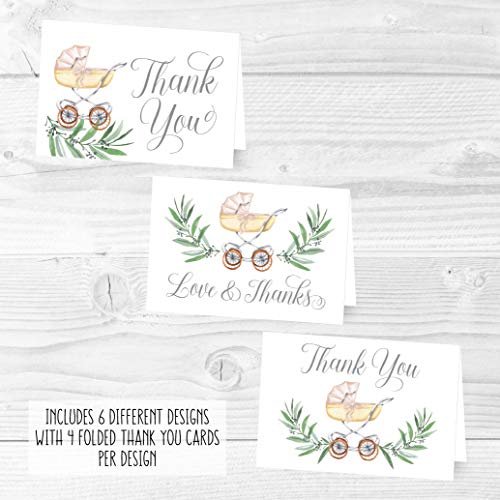 Greenery Baby Carriage Folded Thank You Cards | Set of 24 | Baby Shower