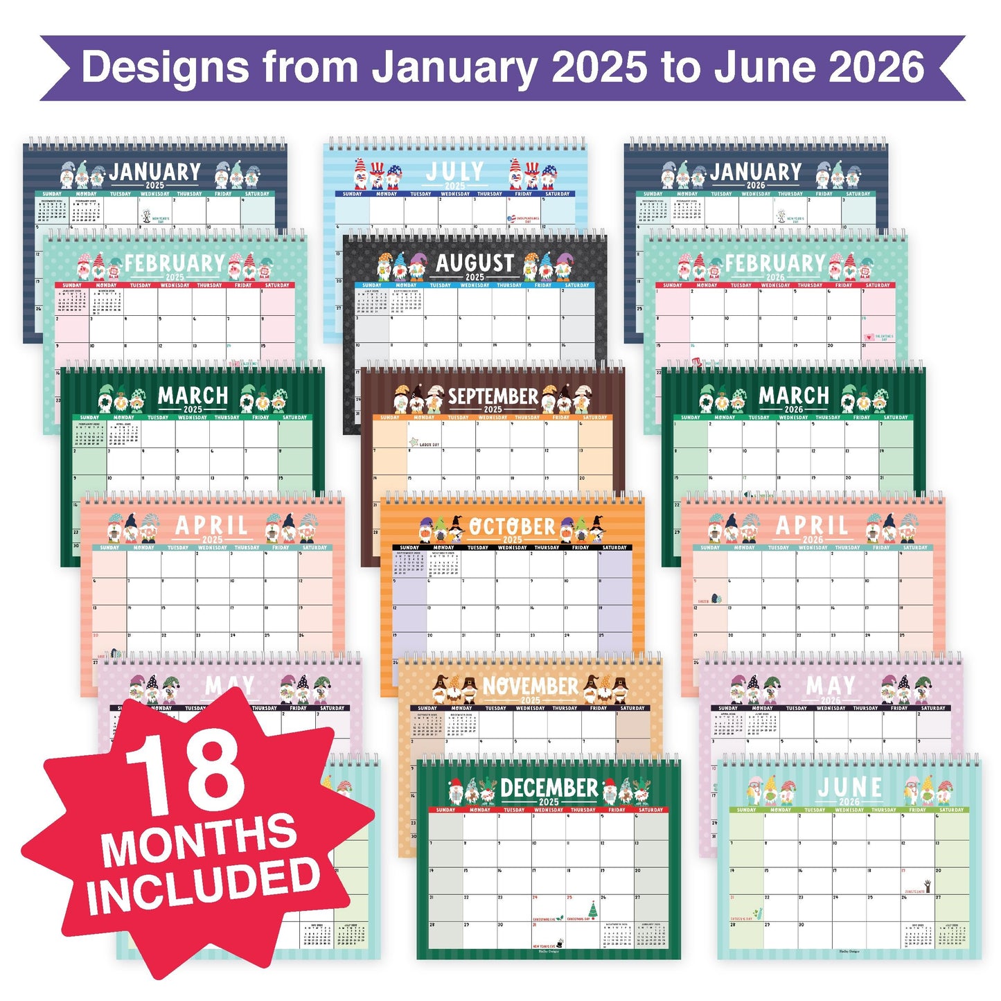 Gnome Small Desk Calendar | 2025-2026| Standing Flip Calendar