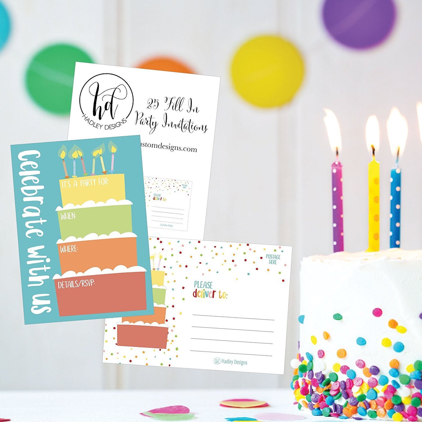 25 Cake Rainbow Party Invitations for Kids, Teens, Adults, Boys & Girls, Blank Children Happy 1st Birthday Invitation Cards, Unique Baby First Bday Invites, Toddler 1 2 3 Year Old rsvp Invites Fill In