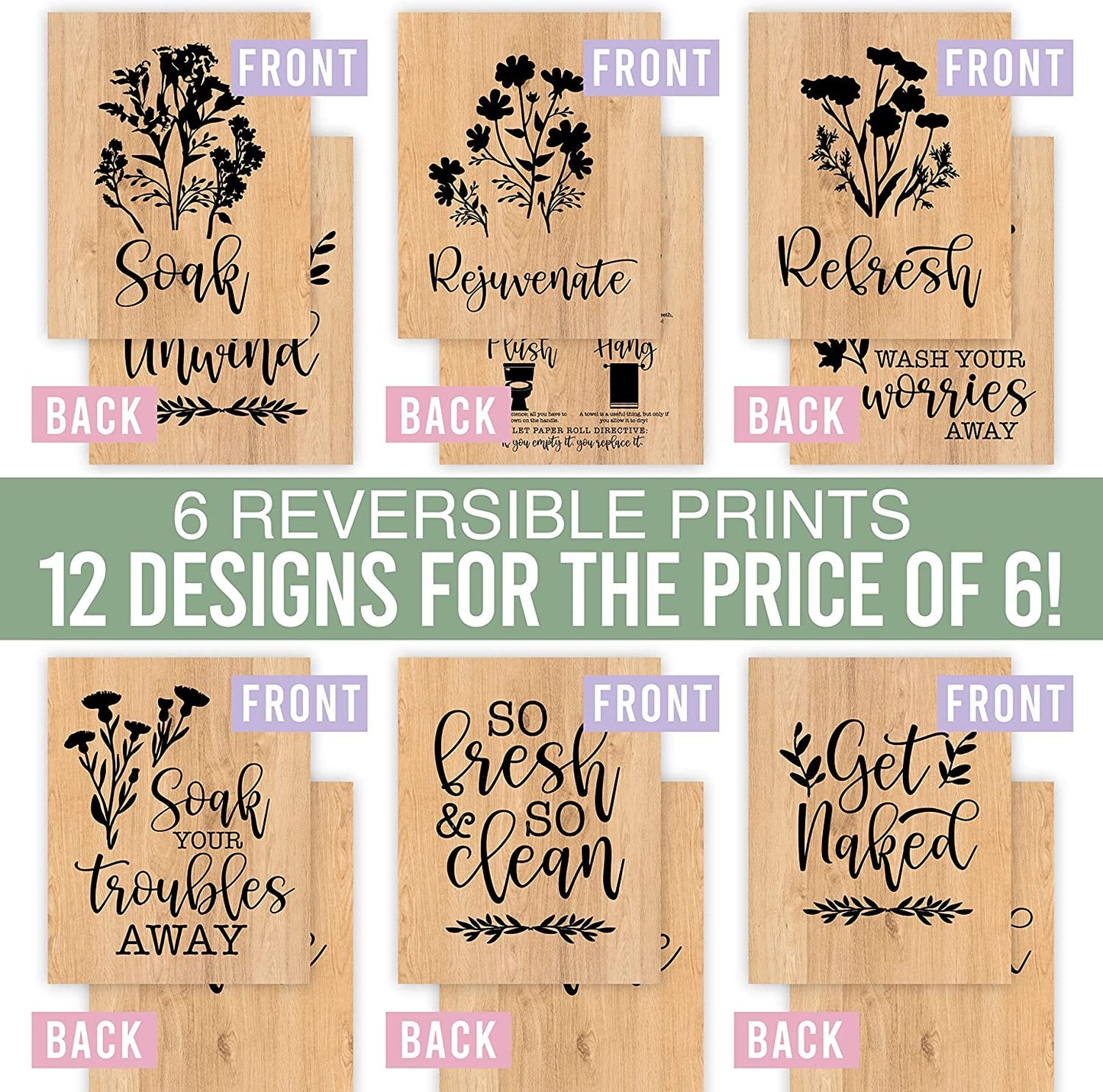 Relaxing Bathroom Wall Art | Set of 6 Reversible Prints | Home Decor