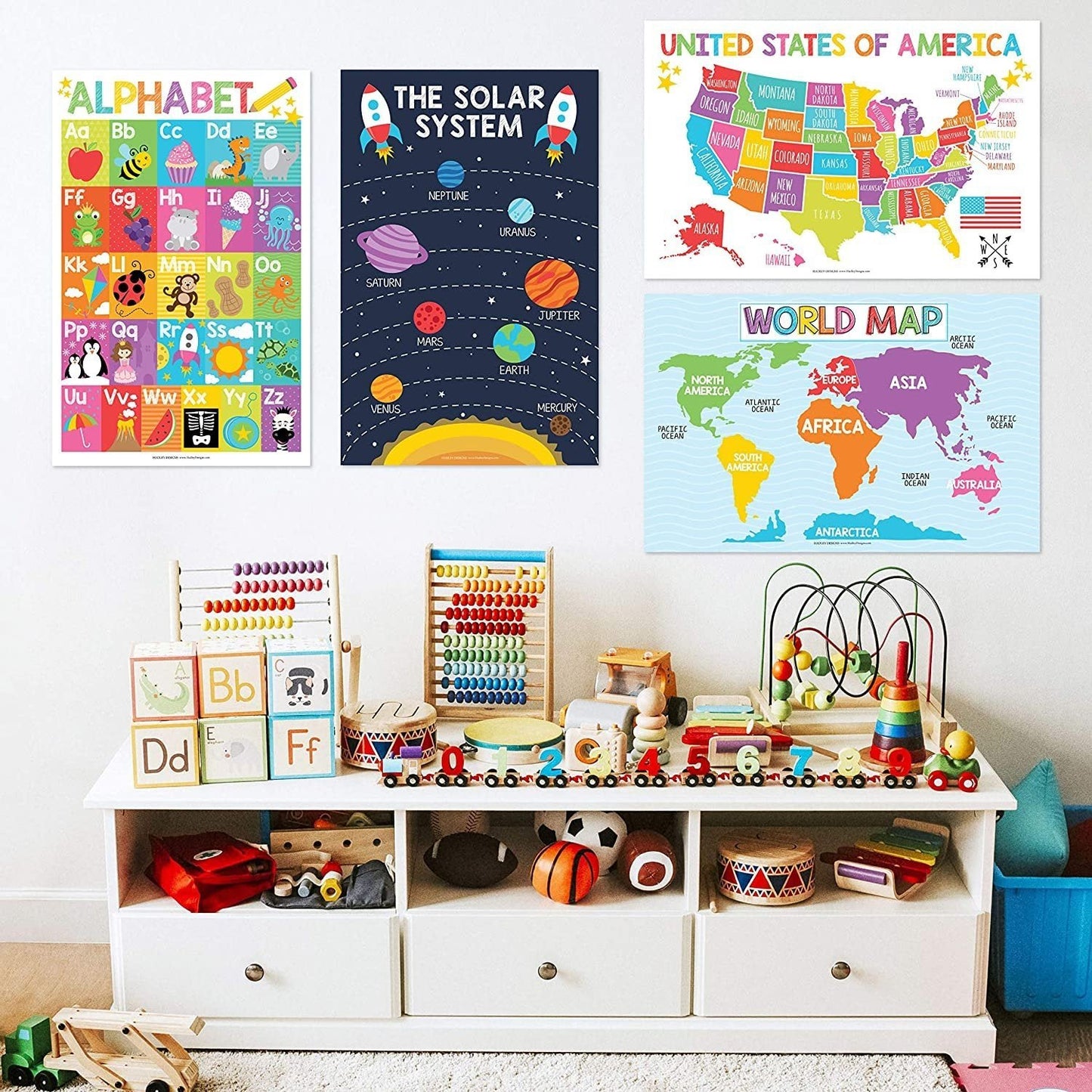 Colorful ABC, US Map, World Map, Solar System  Posters | Set of 4 | PreK Educational Posters