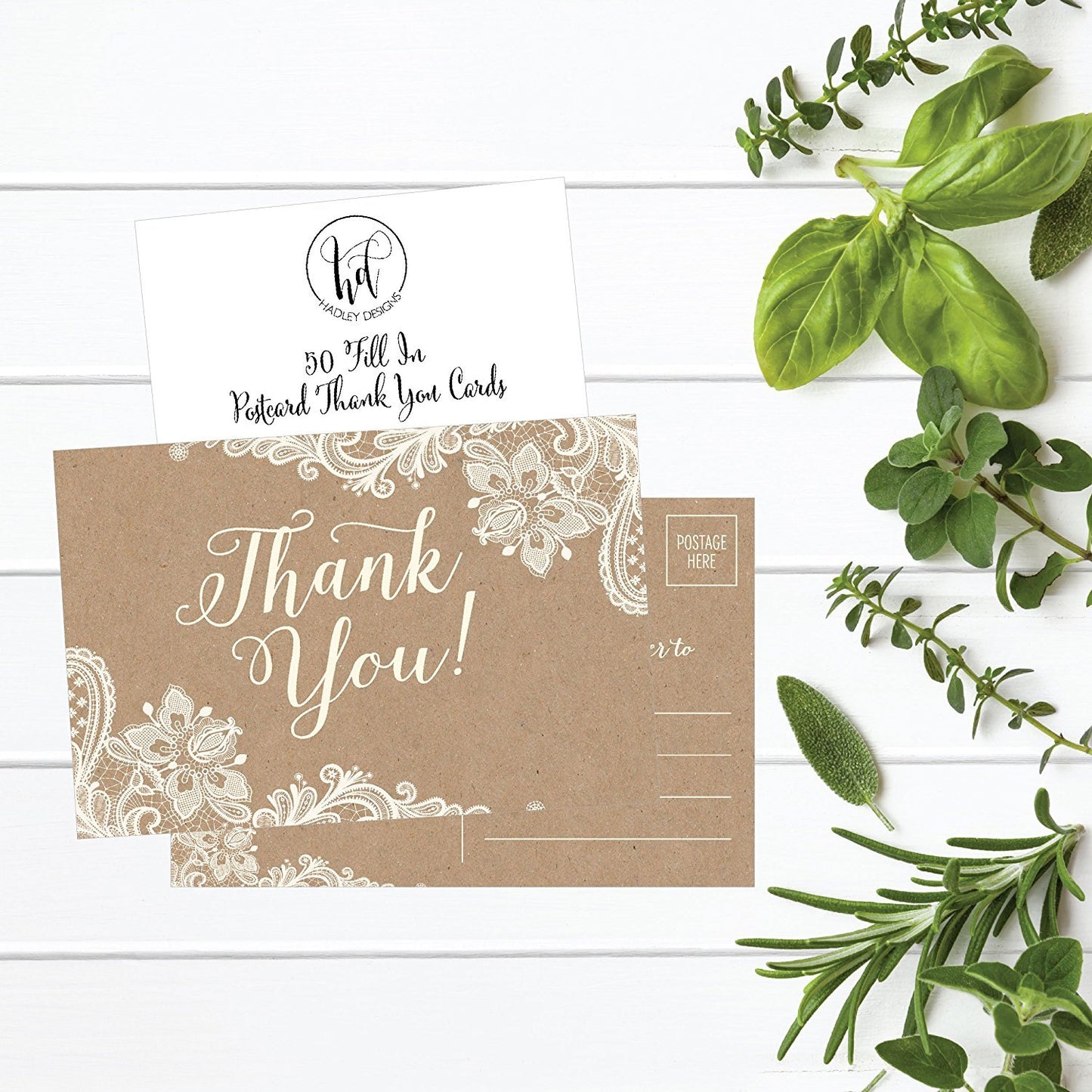 50 4x6 Kraft Thank You Postcards Bulk, Cute Rustic Matte Blank Thank You Note Card Stationery Set For Wedding, Bridesmaid, Bridal Baby Shower, Teachers, Appreciation, Religious, Business, Holidays