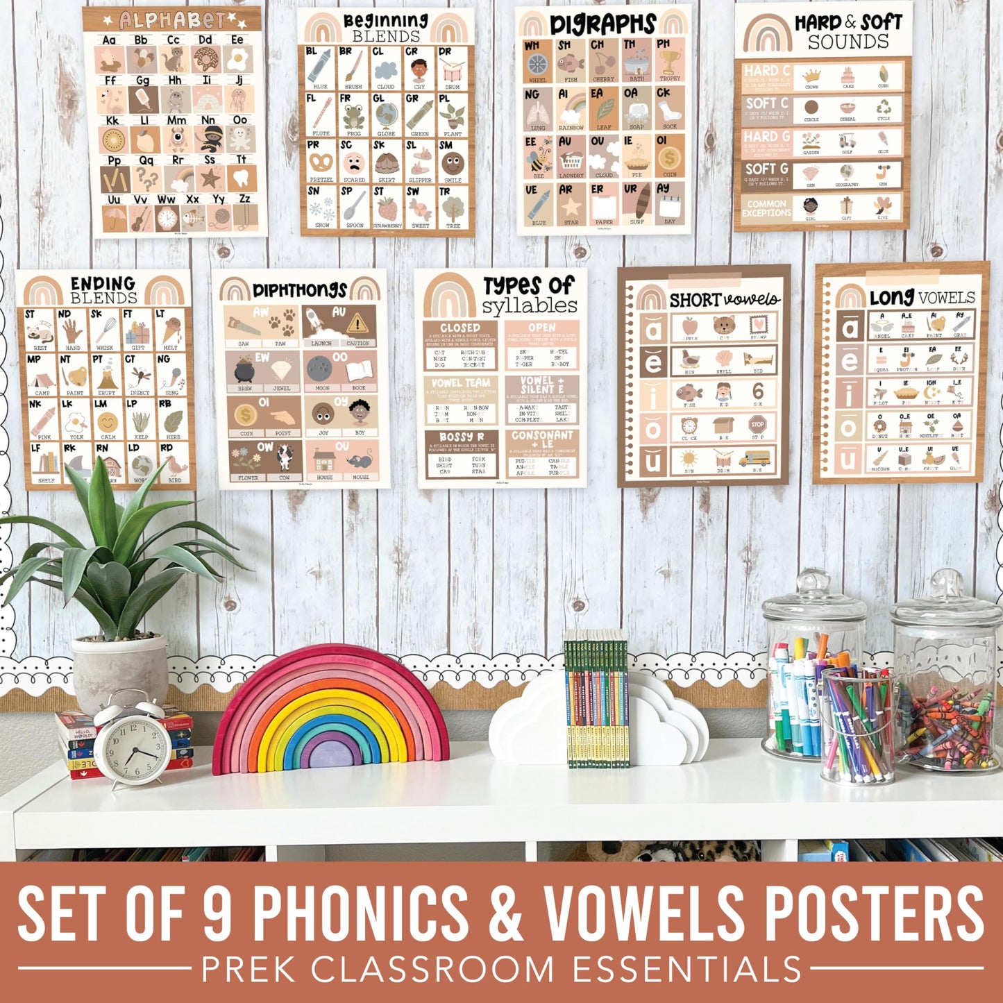 Boho Neutral Phonics & Vowel Posters | Set of 9 | Educational Posters