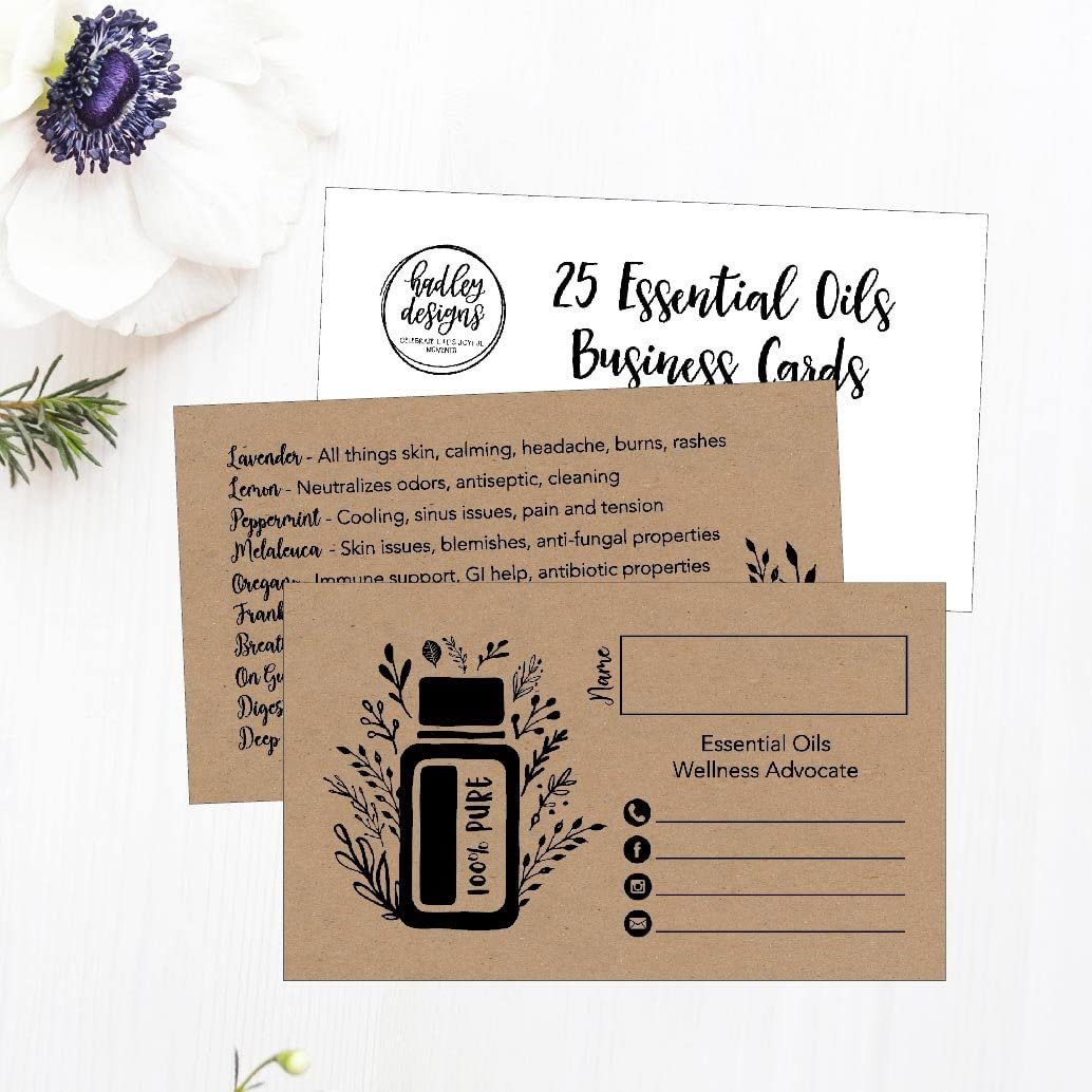 25 Rustic Essential Oils Business Cards, Doterra, Young Living YL Marketing Supplies, Tools, Brochures, Accessories, Planner, Book Mark with Oil Reference Instructions, Party Thank You Gift Bag Favors